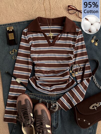 Attitoon 95% Cotton Women's Polo Collar T-Shirt, Brown & Blue Striped Tee, Casual Minimalist Daily Versatile Party Gathering Airport Outfit Y2K Tops Preppy Style, Autumn Outfit, Women's Commute Outfit, All-Match Top, Going Out Outfit, Airport Outfit
