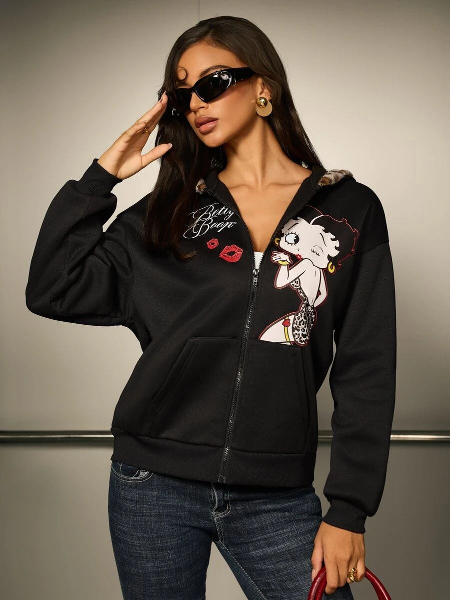 Betty Boop x SHEIN Women's Cartoon Pattern Casual Daily Sweatshirt - Black - View 1