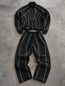 PAVTROS Men's Colorblock Long Sleeve Jacket And Pants Set - Black - View 1