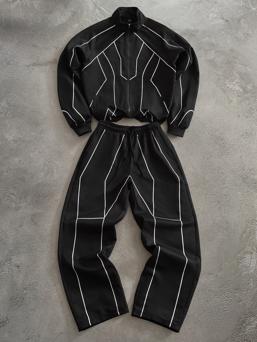 PAVTROS Men's Colorblock Long Sleeve Jacket And Pants Set - Black - View 1