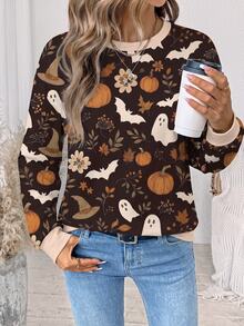 Comfylo Brown Pumpkin Maple Leaf Floral Casual Minimalist Plus Size Sweatshirt Suitable For Holiday Wear - Multicolor - View 5