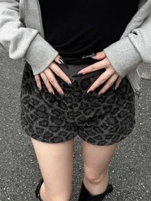 FRIFUL Women's Leopard Print Faux Fur Fashion Sexy Versatile Shorts Lounge Dark Grey Autumn - Brown - View 4
