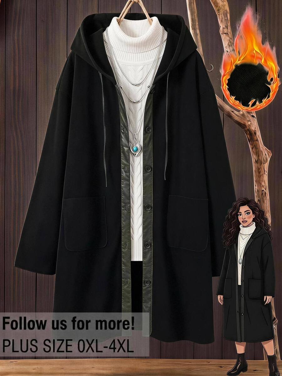 Rusticease Plus Size Fashion Button Pocket Long Sleeve Hooded Jacket Going Out Vacation Black Winter Baggy Smart - Black - View 1