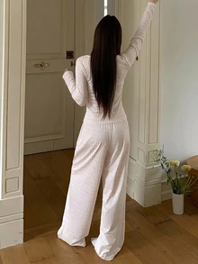 DAZY 2pcs Floral Square Neck Fitted Long Sleeve T-Shirt & Straight Leg Long Pajama Pants Women's Sleepwear Set - Pink - View 2
