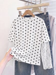 SHEIN 青少年女孩波點印花對比蕾絲二合一T恤 - 彩色 - 查看 2