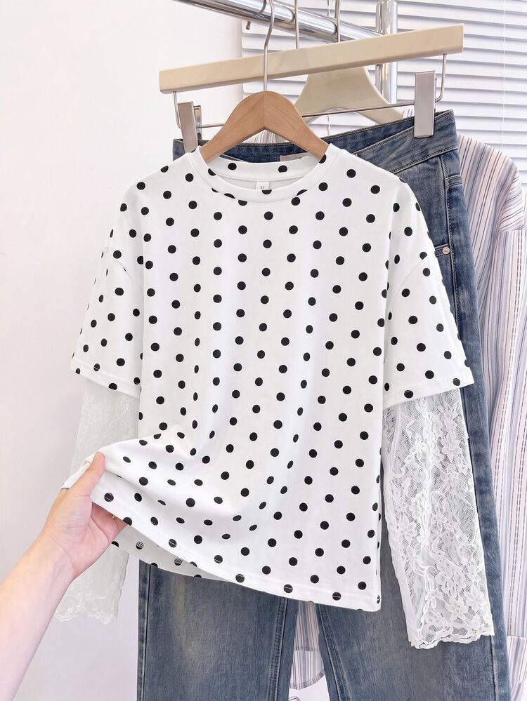SHEIN Teen Girl Polka Dot Print Contrast Lace 2 In 1 T-Shirt - Multicolor - View 2
