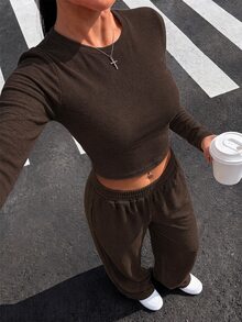 SHEIN EZwear طقم نسائي بلون موحد بأكمام طويلة و بنطال كاجوال للاستخدام اليومي - بني - مشاهدة 9