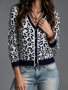 SHEIN Women's Leopard Print Casual Versatile Daily Wear Cardigan - Multicolor - View 7