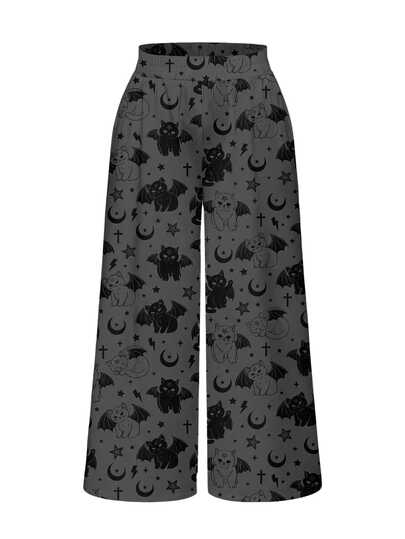 Pantalon long gothique grande taille imprimé chat croisé punk sombre