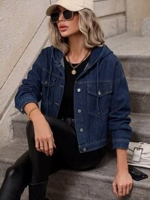 SHEIN Frenchy 女款單排扣休閒日常長袖牛仔夾克 - 中等水洗藍 - 查看 3