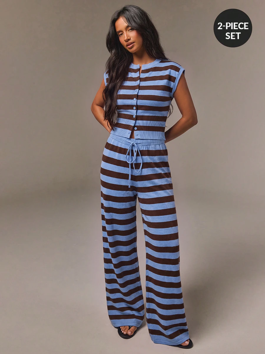 Athîral Women's Button Striped Colorblock Knit Top And Drawstring Waist Pants 2 Pieces Set, Airport, Casual Commute Outfit - Multicolor - View 1