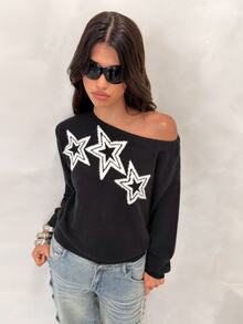 BAD SUNDAY Women's Autumn/Winter Star Pattern High Neck Long Sleeve Cropped Sweater, Y2K Hot Girl Style - Black - View 3