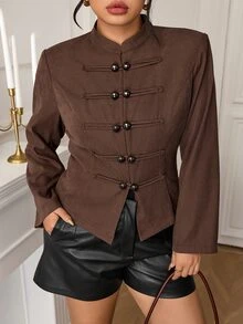 EastFlair Plus Size Women's Solid Color Casual Daily Long Sleeve Jacket - Brown - View 5