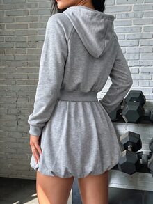 SHEIN Core Rhythm Grey Zip-Up Hoodie And Balloon Skirt 2 Pieces Set - Grey - View 2