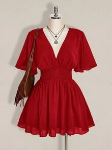SHEIN ICON 大尺碼荷葉袖V領收腰A字洋裝，適合海灘度假、波希米亞風、嬉皮風、Y2K，適用夏季、夏季假期、情人節、優雅約會洋裝 - 紅色 - 查看 2