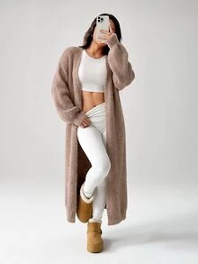 SHEIN PETITE 女款秋冬外出保暖針織開襟衫 - 摩卡棕 - 查看 1