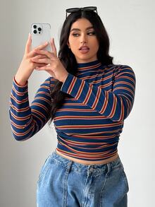 SHEIN EZwear Plus Size Women's Striped Casual Long Sleeve T-Shirt For Daily Wear - Navy Blue - View 1