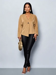 SOLERSUN Women's Autumn/Winter Casual Commute Khaki Wool-Like Fabric V-Neck Asymmetric Hem Button Long Sleeve Jacket - Khaki - View 6