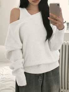 DAZY Women's Off-Shoulder Tank Top And Sweater 2 Pieces Set - White - View 3