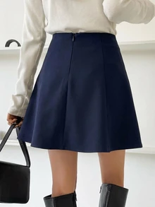DAZY 女款純色高腰休閒百搭裙 - 藏蓝色 - 查看 2