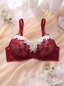 DelicateAllure Underwire Molded Cup High Support Push Up Lift Comfy Balconette Lace Trim Mesh Patchwork Pure Romantic Elegant Exquisite Plus Size Bra - Red - View 1