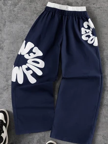 SHEIN Celana Panjang Anak Laki-Laki Remaja (Tween) Motif Huruf, Pinggang Elastis, Longgar, dan Lebar - Navy Blue - View 2