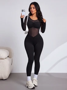 Slayform Slayform Women's Solid Color Contrast Mesh Long Sleeve Ruched Athletic Jumpsuit - Black - View 4