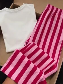 SHEIN 兒童青少年女孩紅白條紋針織圓領長袖上衣與長褲2件套居家服舒適睡衣秋冬款 - 紅白色 - 查看 2