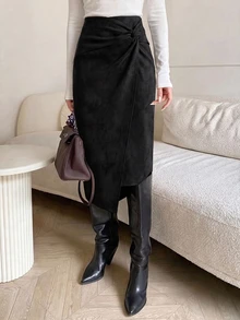 SHEIN Clasi 女款素色百褶休閒百搭日常穿著裙 - 黑色 - 查看 2