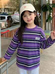 DAZY (少女款) 長袖條紋寬鬆基礎秋冬內搭長袖T恤 - 紫色 - 查看 9