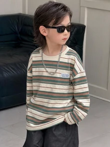 Dazy Kids Kaos Anak Laki-Laki Lengan Panjang Bergaris Kasual untuk Musim Gugur - Light Grey - View 1