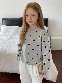 DAZY Tween Girl) Polka Dot Casual Cute Minimalist Crew Neck Pullover Basic Layering Thick Sweater, Autumn/Winter - Light Grey - View 7