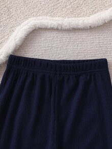 SHEIN Vintaside Kids 女童幼兒長袖運動衫與羅紋內搭褲套裝，春秋休閒可愛日常穿著，學院風拼色羅紋運動衫與長褲2件套，時尚字母印花運動服，兒童戶外休閒套裝 - 藏蓝色 - 查看 4