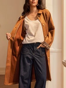 Écloséra French Style Brown Mid-Length Coat With Leopard Print Patchwork Cuffs, Vintage Casual Elegant Fall/ Jacket Office - Brown - View 4