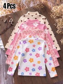 4Pcs Girls' Knitted Turtleneck Long Sleeve Tops, Cute Daisy Flower Heart & Leopard Print Base Layer Shirts, Sweet Style Versatile Outing Tops - Multicolor - View 2