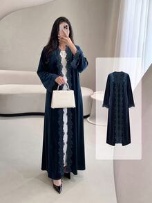 Al Najma Women Fall Winter Warm Navy Blue Velvet Lace Trim Open Front Long Sleeve Loose Long Abaya Kaftan For Home Visiting Gathering - Blue - View 7