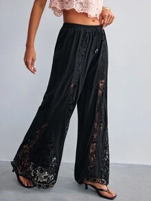Willow Rêve Women's Black Lace Patchwork Flare Leg Pants - Black - View 3