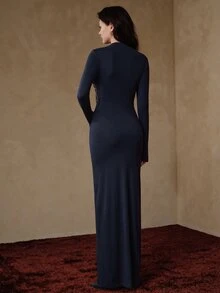 Anewsta Elegant French Style Demure Party Versatile Inner Layer Semi-High Neck Long Sleeve Sequin Floral Knit Contrast Lace Women's Long Dress - Navy Blue - View 7
