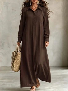 EMERY ROSE Plus Size Women's Autumn Fashion Casual Loose Everyday All-Match Versatile Small V-Neck Brown Batwing Sleeve Dress - Brown - View 1