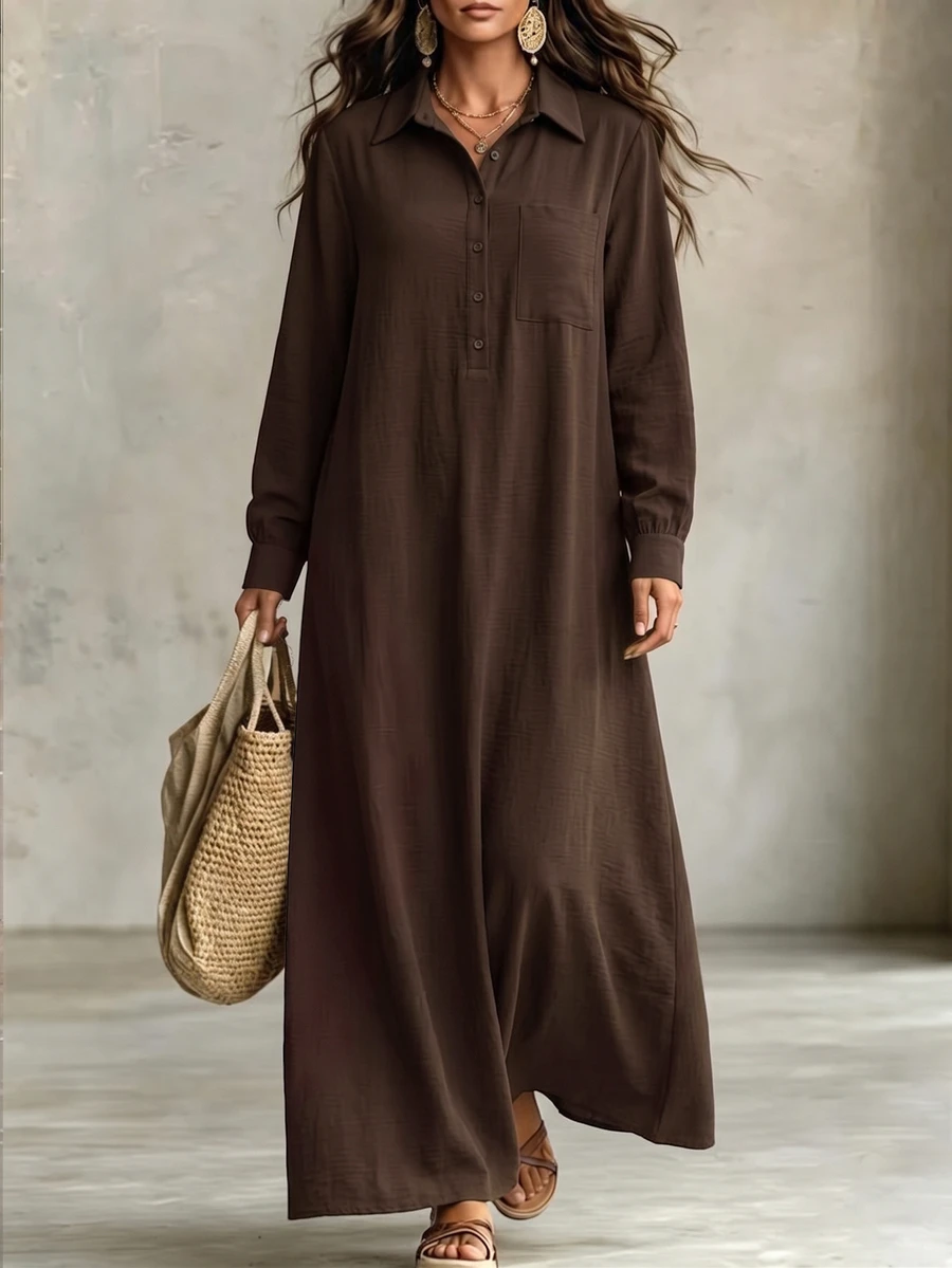 EMERY ROSE Plus Size Women's Autumn Fashion Casual Loose Everyday All-Match Versatile Small V-Neck Brown Batwing Sleeve Dress - Brown - View 1
