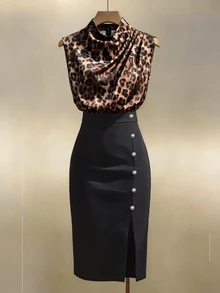 Franclia Women's Leopard Print Colorblock Sleeveless Cowl Neck Dress, Elegant Commuter Dress - Black - View 1