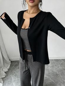 GlowEve Women's Knit Solid Color Cardigan With Front Button Closure, Striped Slim Fit Camisole With Drawstring Decor, Elegant Casual Commute Daily Outing Long Pants 3 Pieces Set - Black - View 7