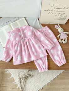 Genkimix Kids 3Pcs Baby Girls Sweatshirt Pants Set Cute Sweet Pink Bow Ruffle Star Print Fuzzy Long Sleeve Round Neck Thick Holiday Winter Fall Plushy - Baby Pink - View 3