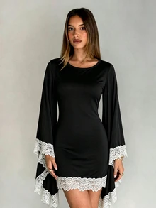 Selianne Women's Elegant Knitted Long Sleeve Bell Sleeve Lace Decor Dress - Black - View 8
