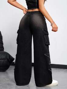 SHEIN Tall CURVE Plus Size Fashion Button Pocket Applique Embroidery Denim Jeans - Black - View 6