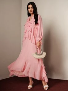 BELROSIE Women's Dress Loose Long Fit Chiffon V-Neck Multi-Layer Ruffles Asymmetrical Hem Elastic Cuffs Elegant Romantic Soft Pink Solid Party Tea Party Date Fall - Pink - View 6