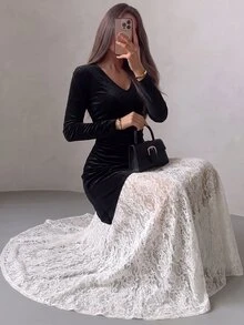 Modelyn Women's Designer V-Neck Velvet Contrast Lace Dress - Black and White - View 3