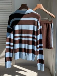 Comfortcana Women's Striped Long Sleeve Polo Collar Sweater And Knitted Skirt 2 Pieces Set - Multicolor - View 2