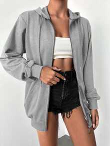 EURMUSE Plus Size 100%Cotton Solid Zip Up Drawstring Hoodie - Light Grey - View 5
