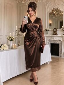Roveilla Women's Plus Size Glossy Lace Trim Patchwork Elegant Ruched Solid Color Dress, Low-Key Elegant Lace Dress - Coffee Brown - View 3